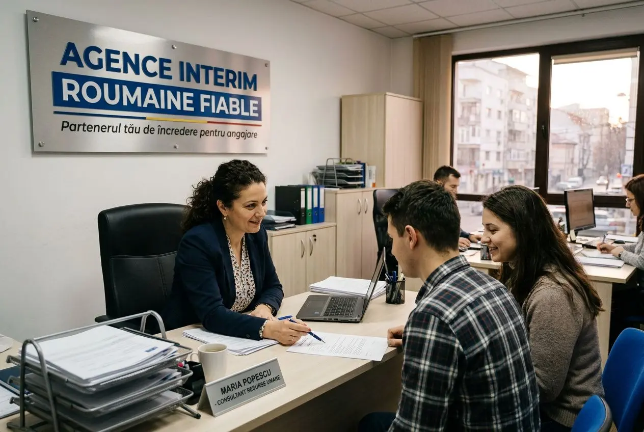 Agent d’agence intérim roumaine fiable recevant deux clients en entretien dans un bureau, prénom et nom affichés sur le nomade, ambiance professionnelle.