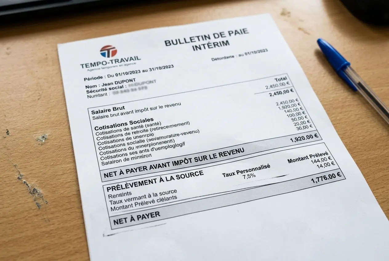 Bulletin de paie intérim affichant le prélèvement à la source et le net à payer sur revenu, avec le titre "INTÉRIM" et détails des cotisations. alt: Impots interim : fiche de paie d’intérimaire montrant le prélèvement à la source et le net à payer.