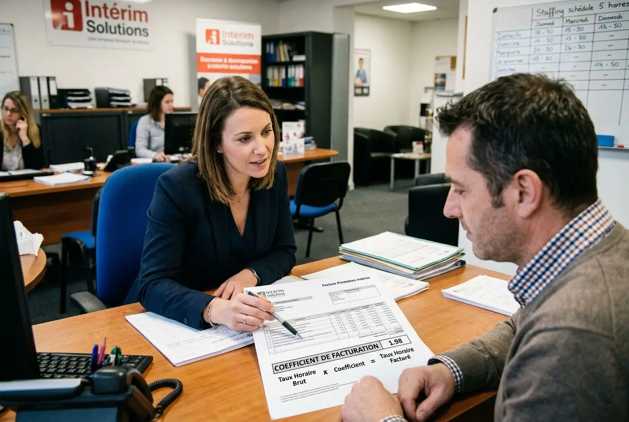 Deux professionnels discutent autour d’une table au bureau, examinant un document intitulé « COEFFICIENT DE FACTURATION ».