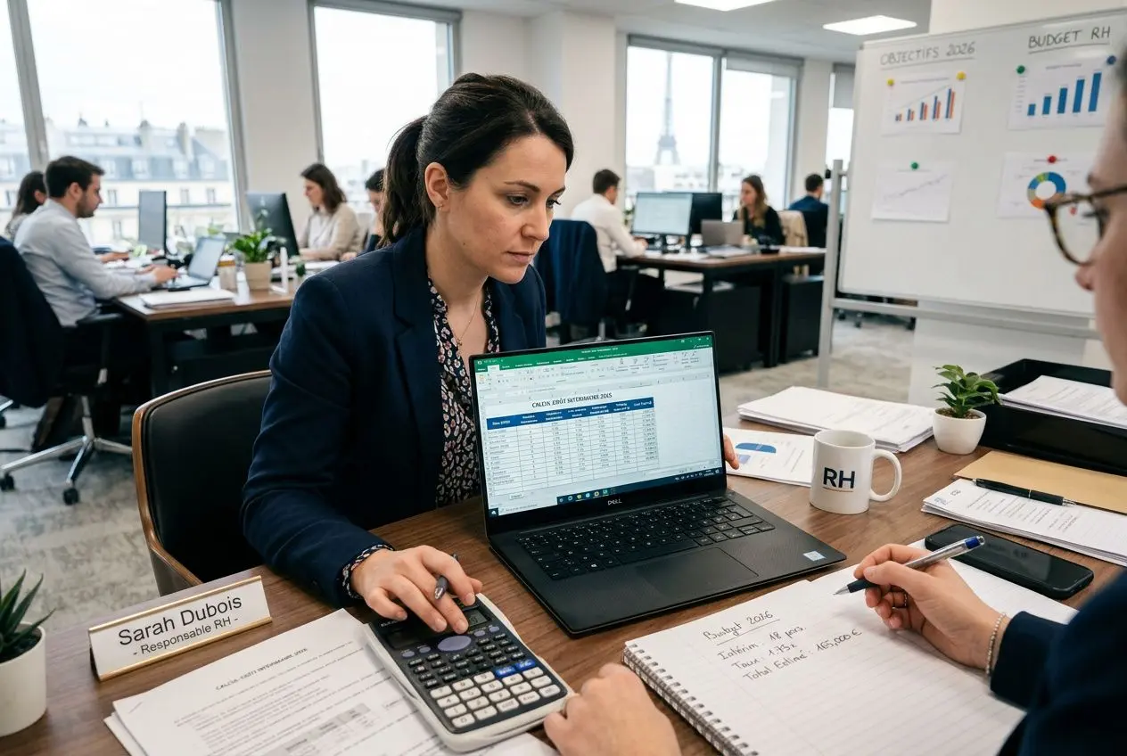 Employée de bureau calculant le coût d’un intérimaire sur laptop, avec collègue prenant des notes et graphique RH sur le mur. Coefficient de facturation intérim 2026 intégré.