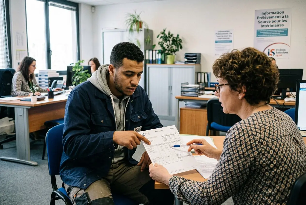 Homme assis près d’un bureau, reçoit de l’aide d’une agente expliquant un formulaire, ambiance bureau d’assistance. Alt: impots interim.