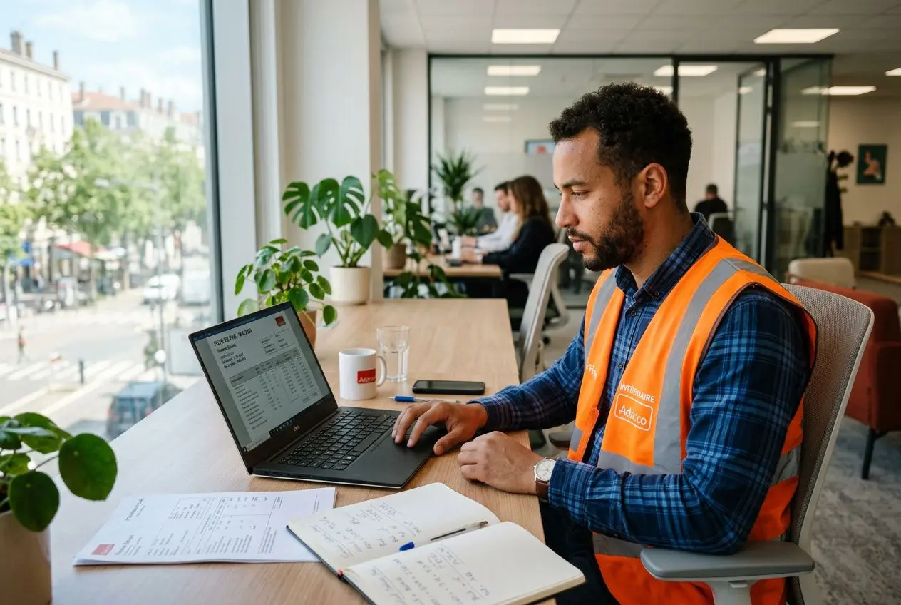 Homme en gilet orange réfléchissant travaille sur un ordinateur portable dans un bureau lumineux, avec documents et plantes autour. Smic horaire net intérim.