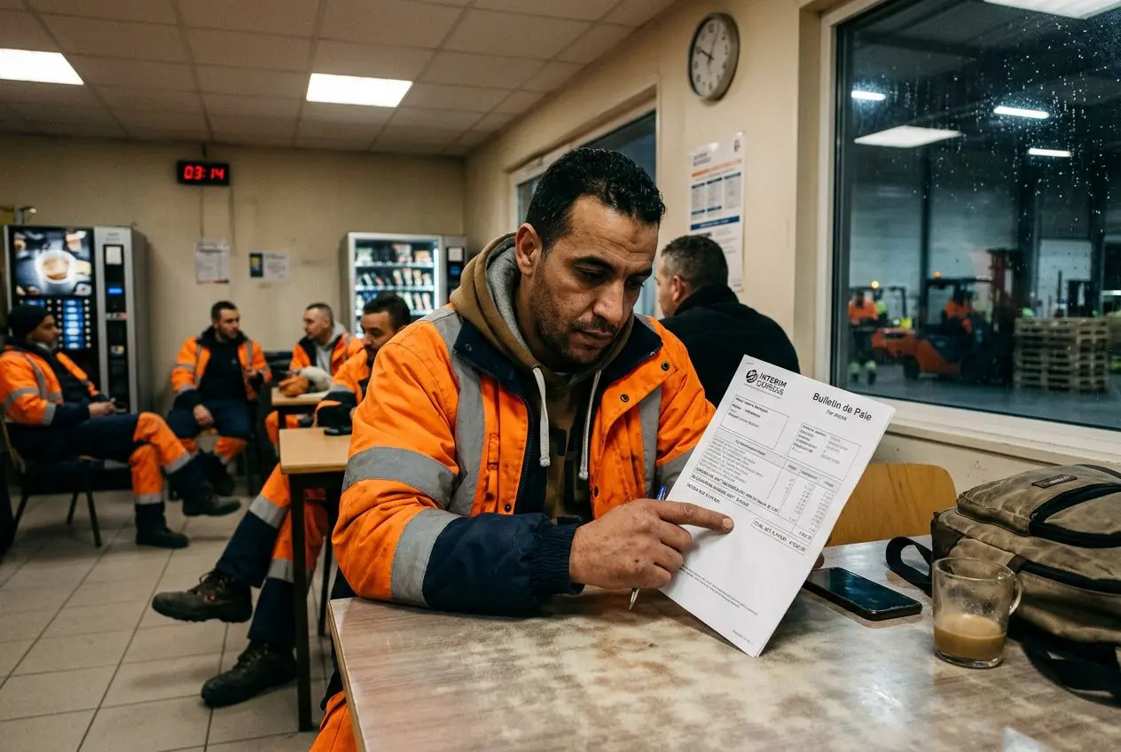 Homme en veste orange et gris consulte un document salarial sur une table, plusieurs collègues en uniforme discutent en arrière-plan dans une salle communautaire. Incorporating keyword: taux horaire smic interim naturally. But avoid forced. Let's craft: "Homme en veste haute visibilité consulte un bulletin de salaire; d'autres travailleurs en orange discutent dans une salle d’attente." Need to include keyword seamlessly: "taux horaire smic interim" integrated. Perhaps: "Homme en veste haute visibilité consulte un bulletin de salaire, illustrant le taux horaire smic interim; ses collègues en orange discutent au fond." Ensure not too long. 125 chars. Let's count: "Homme en veste haute visibilité consulte un bulletin de salaire, illustrant le taux horaire smic interim; ses collègues en orange discutent au fond." That's long but maybe acceptable. Let's ensure length under 125. Count roughly: Homme(4) + 1 + en(2) + 1 + veste(5) + 1 + haute(5) + 1 + visibilité(11) + 1 + consulte(7) + 1 + un(2) + 1 + bulletin(8) + 1 + de(2) + 1 + salaire,(8) + 1 + illustrant(10) + 1 + le(2) + 1 + taux(4) + 1 + horaire(7) + 1 + smic(4) + 1 + interim;(9) + 1 + ses(3) + 1 + collègues(8) + 1 + en(2) + 1 + orange(6) + 1 + discutent(9) + 1 + au(2) + 1 + fond(4). Sum large over 125. Let's shorten. Alternative: "Homme en veste haute visibilité consulte un bulletin de salaire, montrant le taux horaire smic interim, tandis que des collègues en orange discutent au fond." This may be ~160. Need shorter. Try: "Homme en veste haute visibilité consulte un bulletin de salaire, illustrant le taux horaire smic interim; collègues en orange discutent au fond." Still long. Another: "Homme en veste haute visibilité consulte un bulletin, avec le taux horaire smic interim, tandis que des collègues en orange discutent au fond." Still long. We must produce under 125. Let's craft concise: "Homme en veste haute visibilité consulte un bulletin de salaire; le taux horaire smic interim est évoqué, des collègues en orange discutent au fond." Still may exceed. Let's try: "Homme en veste haute visibilité consulte un bulletin de salaire, évoquant le taux horaire smic interim, alors que des collègues en orange discutent au fond." Maybe 140. Ok maybe: "Homme en veste haute visibilité consulte un bulletin de salaire, le taux horaire smic interim au centre; des collègues en orange discutent au fond." Hmm. Another approach: Keep it simple: "Homme en veste orange consulte un bulletin de salaire; le taux horaire smic interim est évoqué, tandis que des collègues discutent au fond." This drops "haute visibilité" but okay. Let's output: "Homme en veste orange consulte un bulletin de salaire; le taux horaire smic interim est évoqué, tandis que ses collègues discutent au fond." Ensure it's French and meaningful. Homme en veste orange consulte un bulletin de salaire; le taux horaire smic interim est évoqué, tandis que ses collègues discutent au fond.
