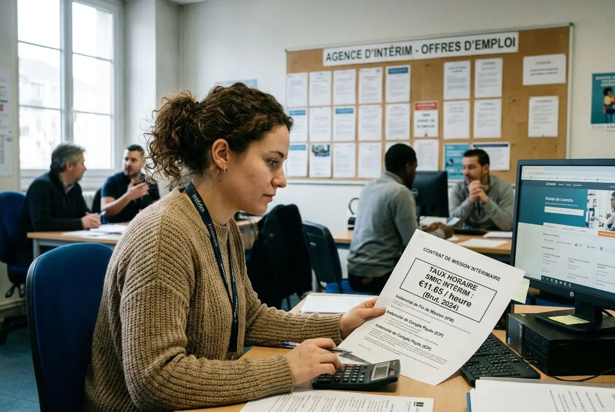 Personne au bureau consulte une fiche de salaire affichée, calculatrice à la main, près d’un ordinateur; ambiance d’agence d’intérim. Inclut le concept taux horaire smic interim.