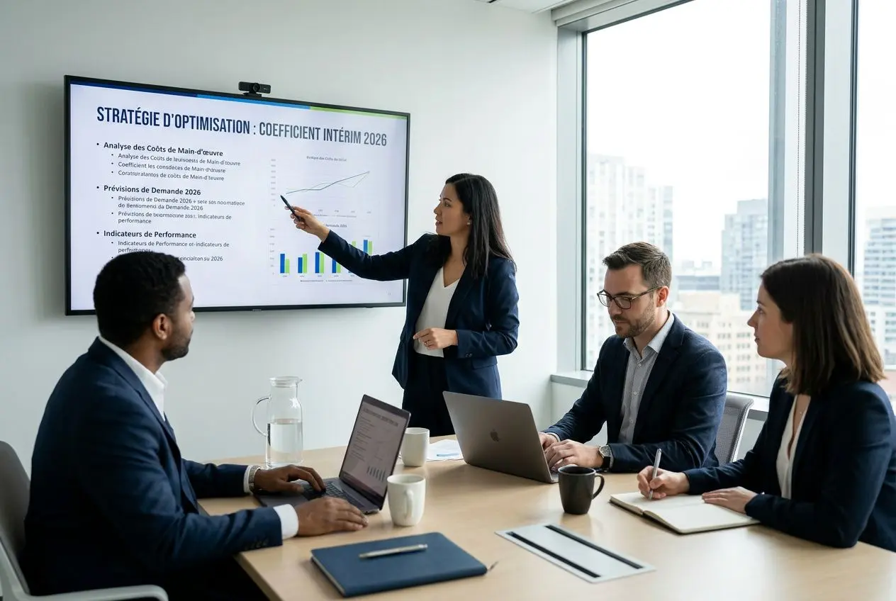 Réunion d’équipe en salle de conférence: une femme présente un graphique sur un écran, tandis que trois partenaires prennent des notes et travaillent sur leur ordinateur. Alt texte intègre le mot-clé: coefficient de facturation intérim 2026.