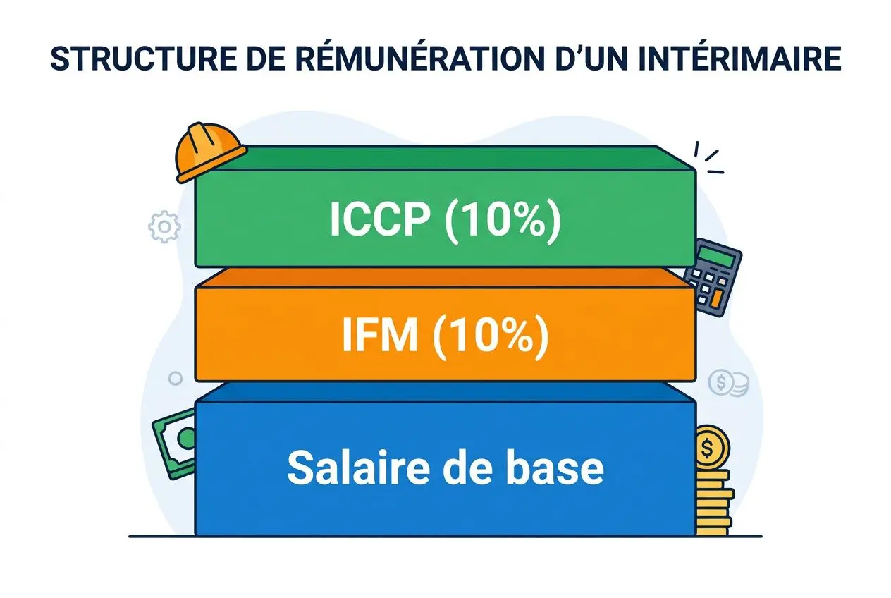 Structure de rémunération d’un intérimaire avec salaire de base et prélèvements ICCP (10%) et IFM (10%) sur une pile colorée.