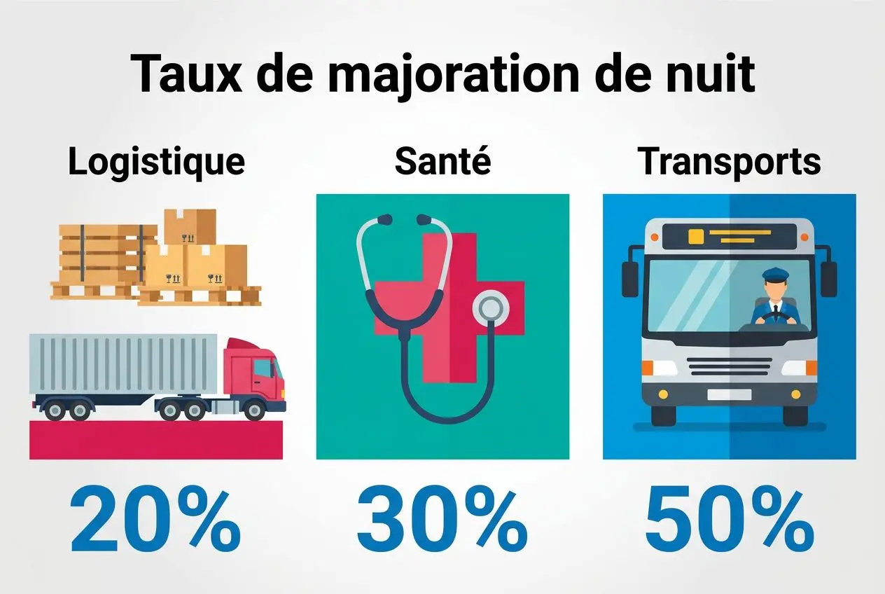 Taux de majoration de nuit affiché: logos Logistique 20%, Santé 30% et Transports 50% avec illustration d’un camion et d’un véhicule médical. smic horaire nuit intégré.