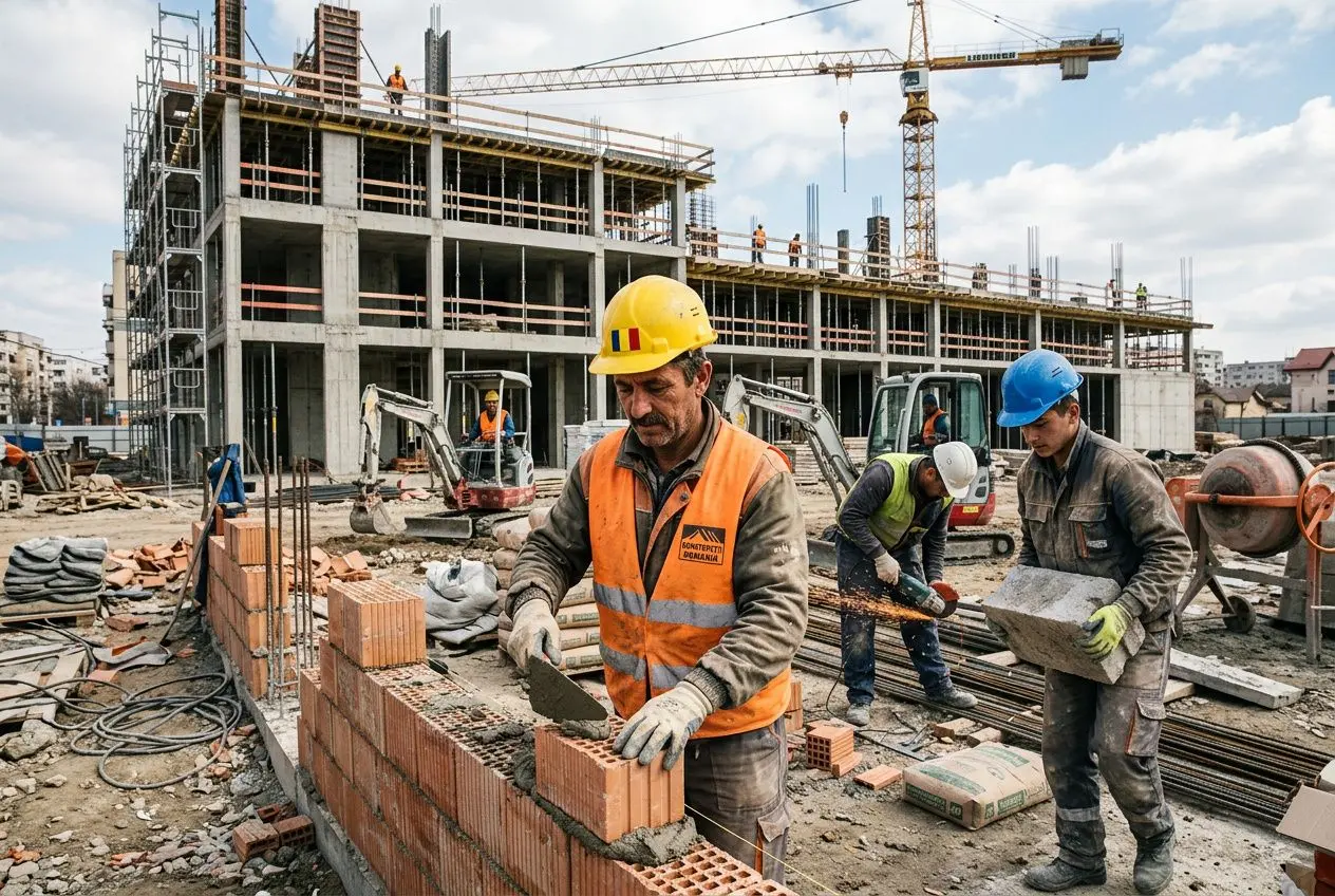 Travailleurs sur un chantier de construction, pose de briques et maçonnerie, avec grue et bâtiment en construction en arrière-plan. agence interim roumaine fiable intégrée naturellement.