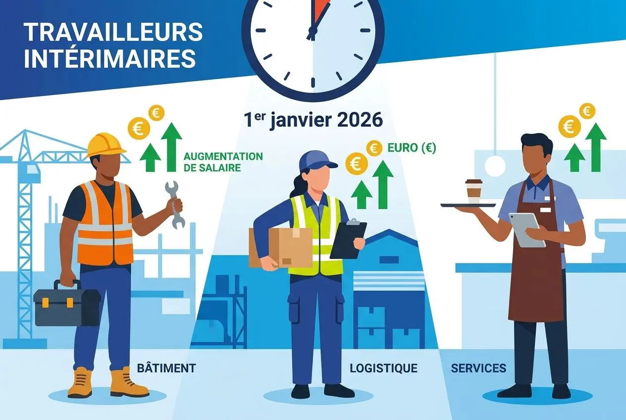 Trois travailleurs intérimaires devant un chantier, un horloge au-dessus, avec des symboles d’augmentation salariale et de Euro; “1er janvier 2026”.