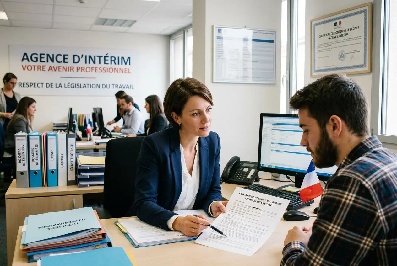 Agent d’intérim et candidat en entretien, dans un bureau d’agence de travail temporaire, avec documents et ordinateur, affiches et dossiers organisés. activit és des agences de travail temporaire.