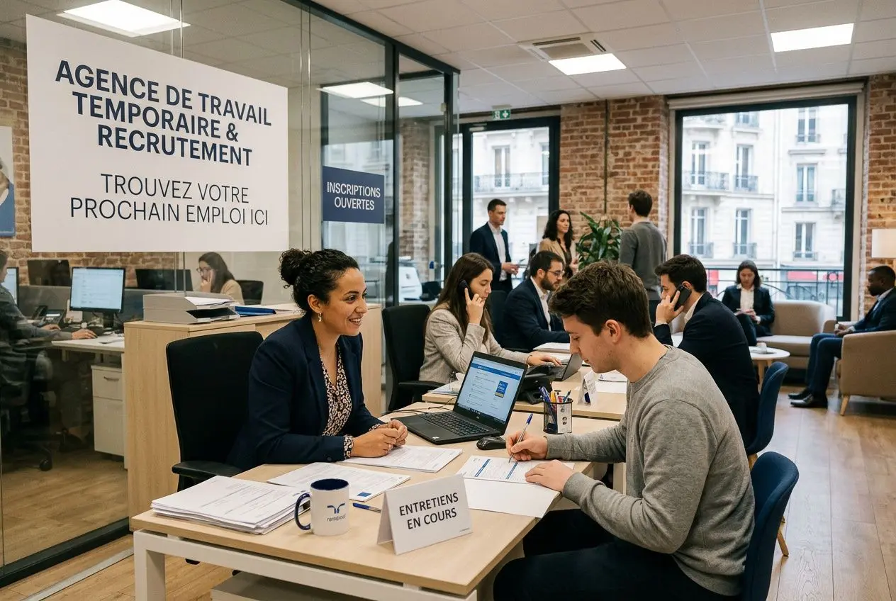 Assistants et candidats en agence de travail temporaire, travail sur dossiers et ordinateur, ambiance professionnelle. Activités des agences de travail temporaire.