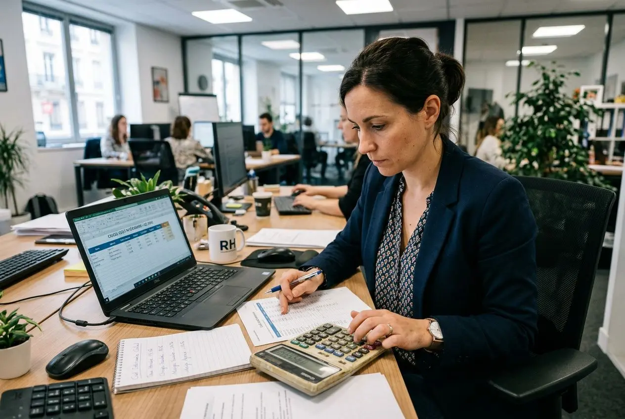 Consultante en bureau, calculatrice et cahier, travaillant sur les chiffres du coût d'un intérimaire au SMIC dans un environnement de bureau.