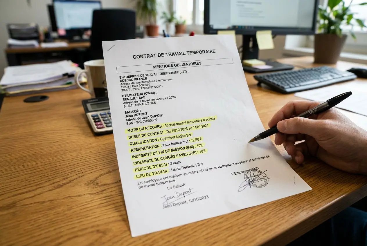 Contrat de travail temporaire posé sur une chaise de bureau, avec une main qui signe au stylo et un écran d’ordinateur en arrière-plan.