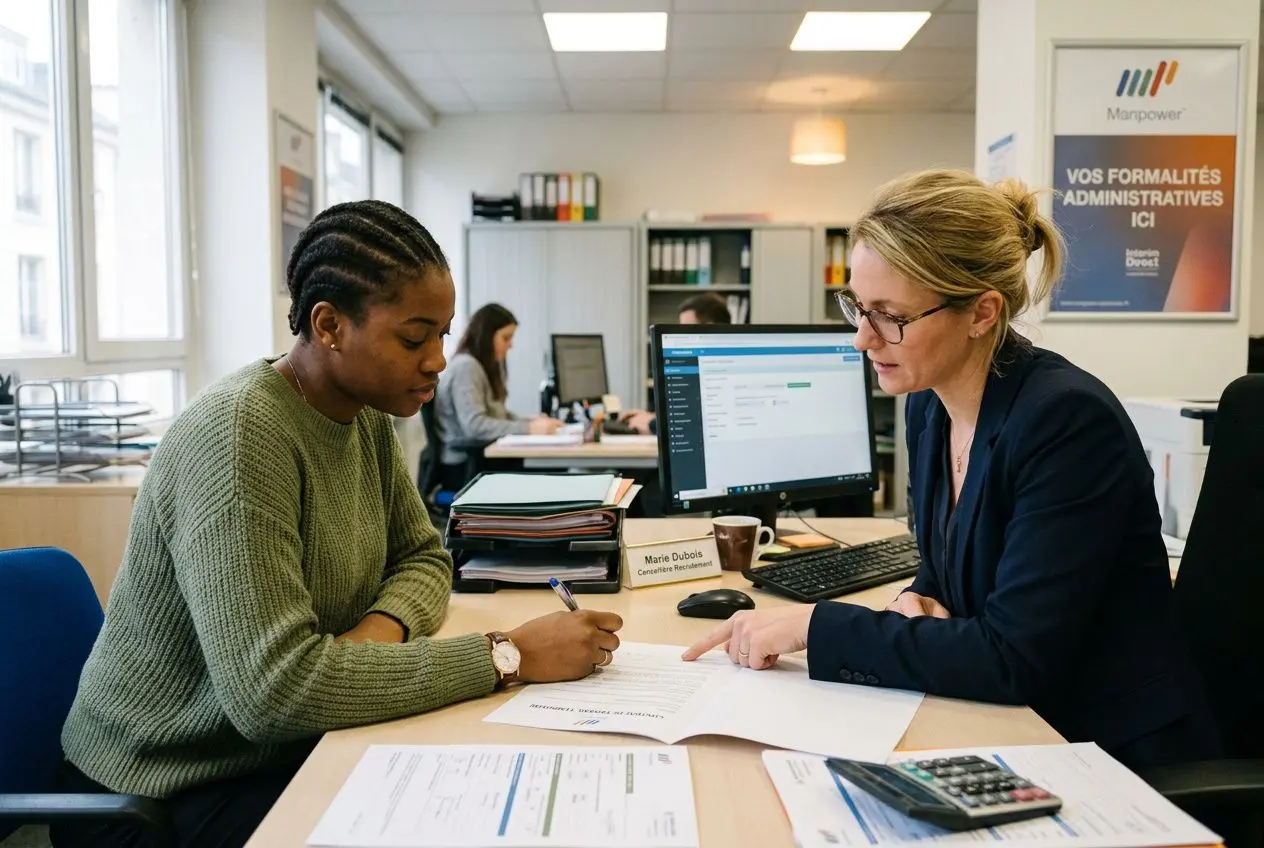 Deux femmes en plein entretien administratif : une intérimaire signe des documents tandis qu’une conseillère explique, dans un bureau. intégration naturelle: comment embaucher un intérimaire.