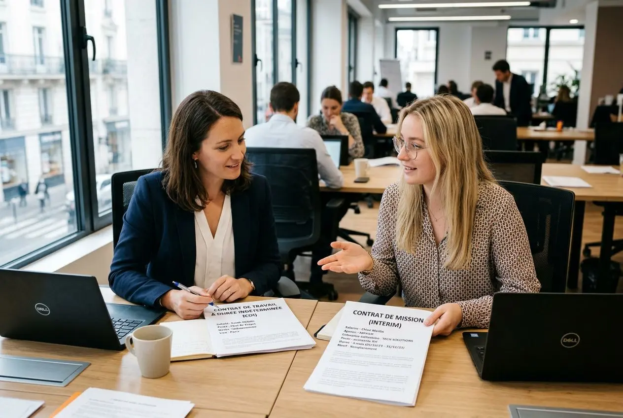 Deux professionnelles discutent à une table de travail avec des documents sur les contrats, symbole d’une discussion sur la difference cdi et interim dans un bureau.