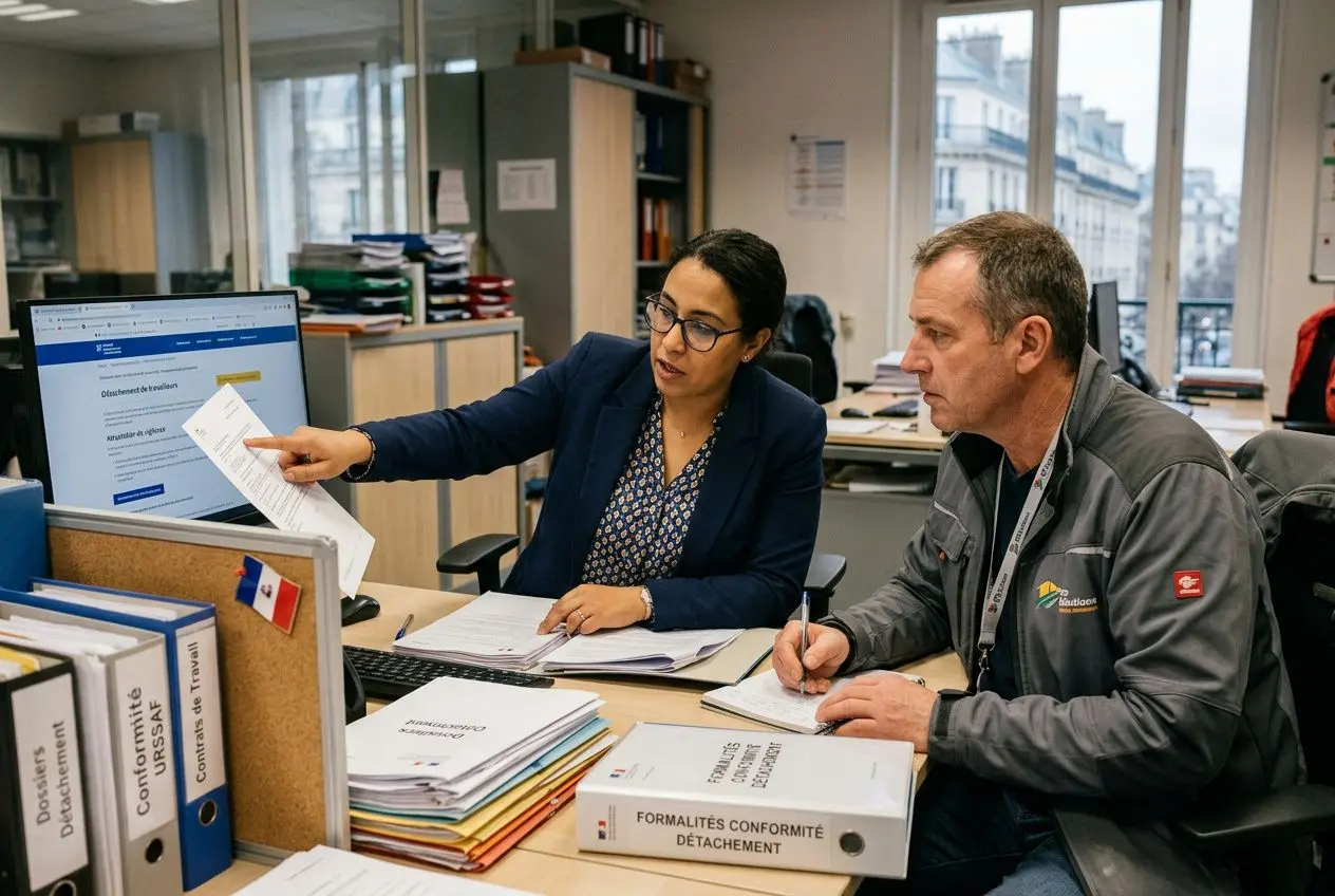Deux professionnels dans un bureau examinent des documents et un écran, discutant des formalités de conformité et de détachement des travailleurs roumains.