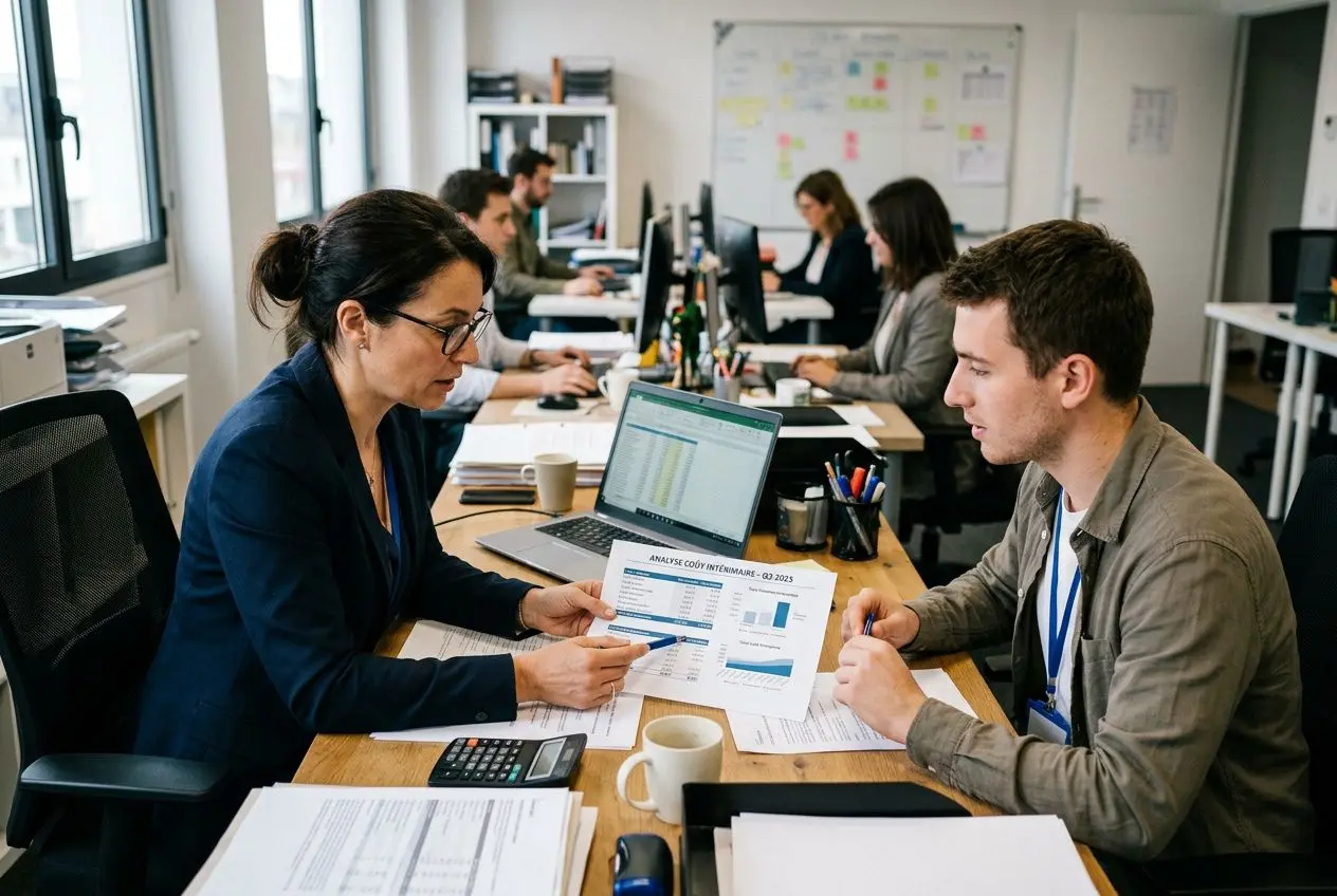 Deux professionnels discutent devant des documents et un ordinateur sur un bureau, illustrant le calcul du coût d'un intérimaire au SMIC.