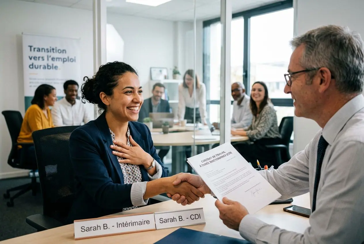 Deux professionnels se serrent la main lors d’un entretien, échange de documents sur le bureau, ambiance d’embauche d’un intérimaire.