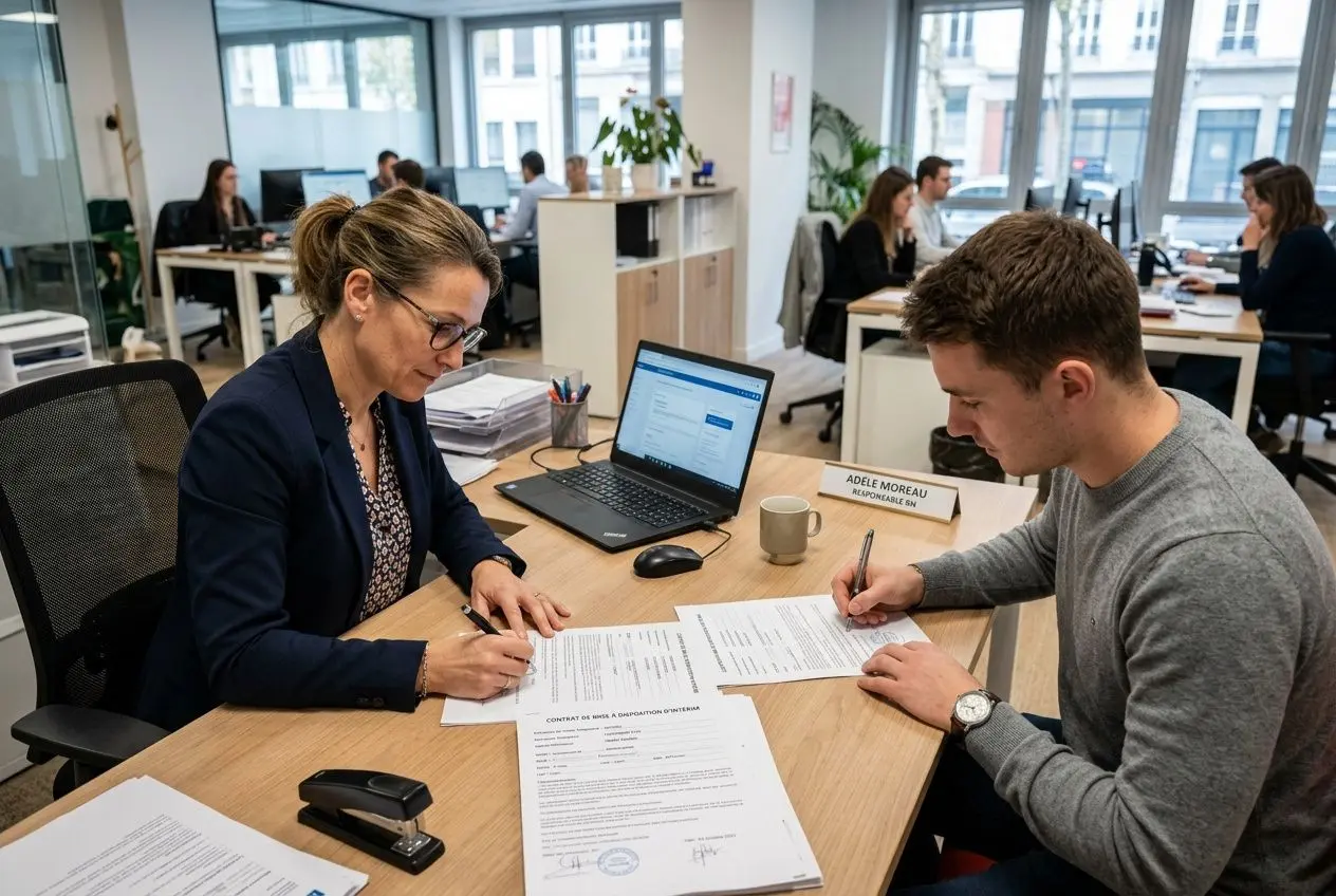 Deux professionnels signent des documents administratifs sur un bureau partagé, entourés de dossiers et d’un ordinateur portable.