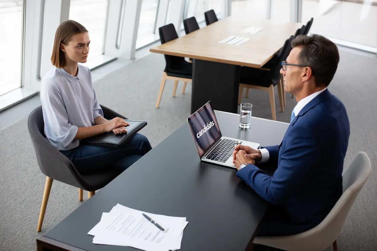 Entretien d’embauche entre deux personnes dans un bureau lumineux, candidat assis et recruteur au laptop affichant “candidates”.