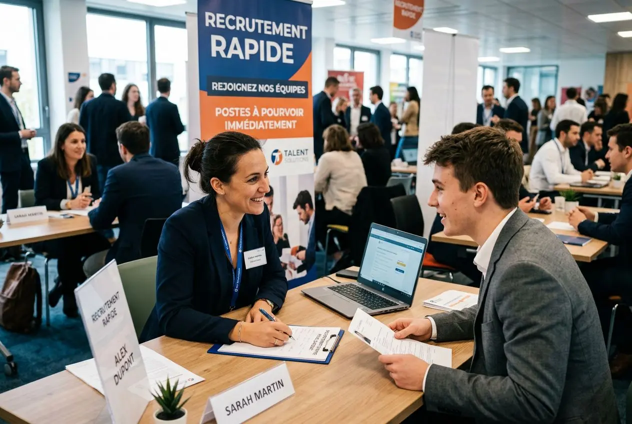Entretien de recrutement rapide lors d’un salon, deux candidats discutent devant un stand « Recrutement rapide ».