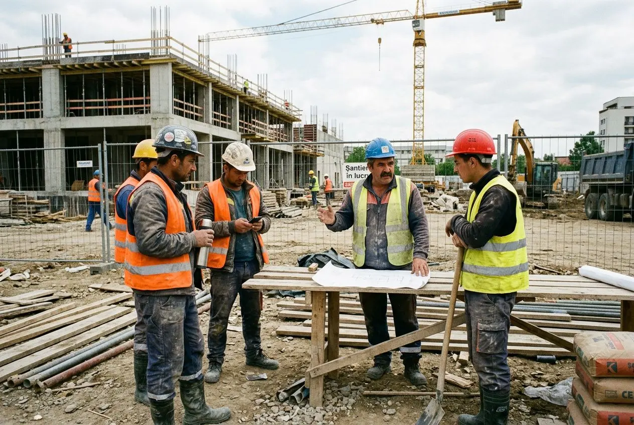Groupe de ouvriers sur un chantier de construction, plans et discussions autour d’une table, portants gilets jaunes et casques, bâtiment en construction en arrière-plan.