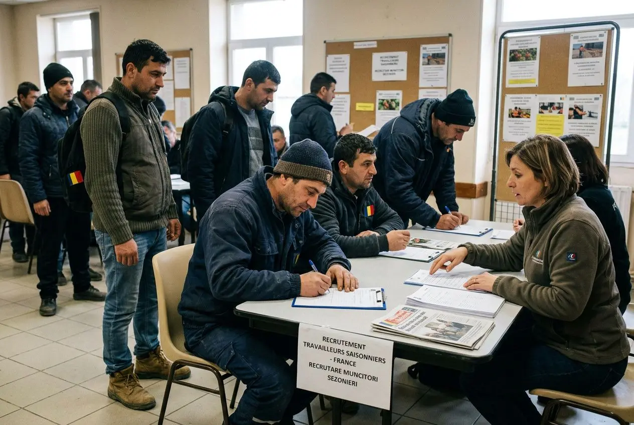 Groupe de personnes lors d’une séance d’inscription pour le recrutement, avec des responsables examinant des formulaires et des documents. Quelques têtes portent des costumes et des manteaux; affiches et informations affichées au mur. (Intégration du mot-clé : comment recruter travailleurs roumains)