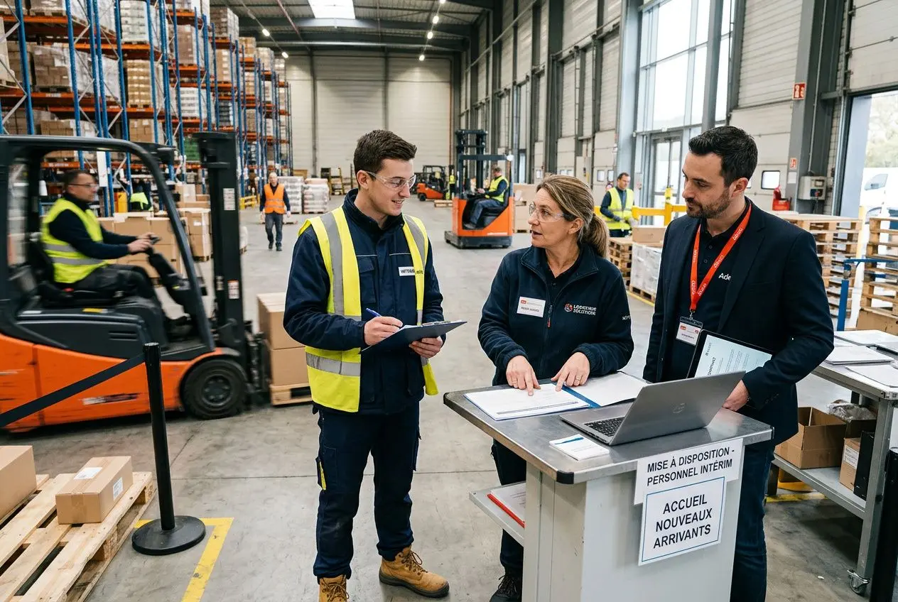 Personnel d’un entrepôt en discussion avec un responsable, près d’un poste d’accueil, secteurs logistiques et sécurité. Activités des agences de travail temporaire.