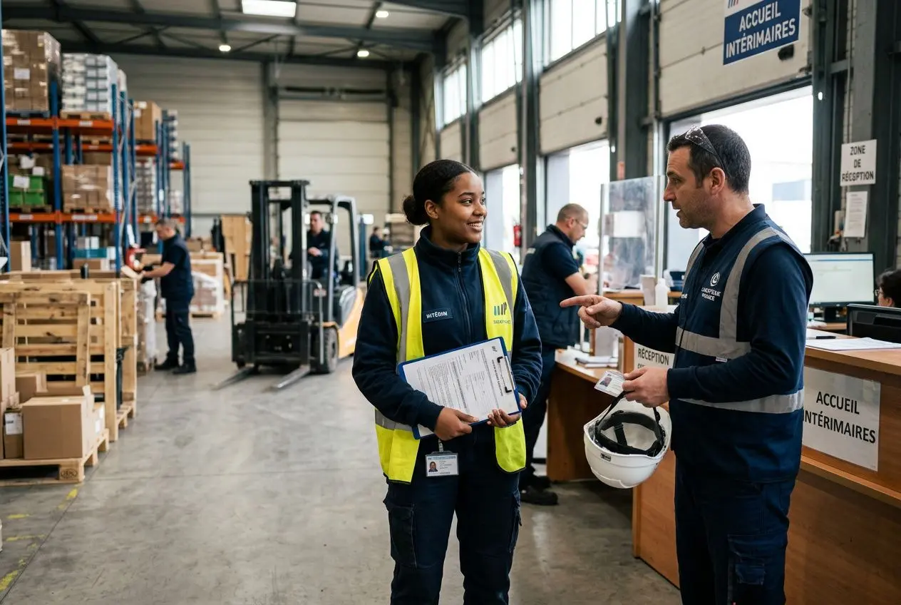 Personnel en entretien industriel discute avec un superviseur près de l’accueil intérim, portant gilets et documents. Contrat de mise à disposition intérim.