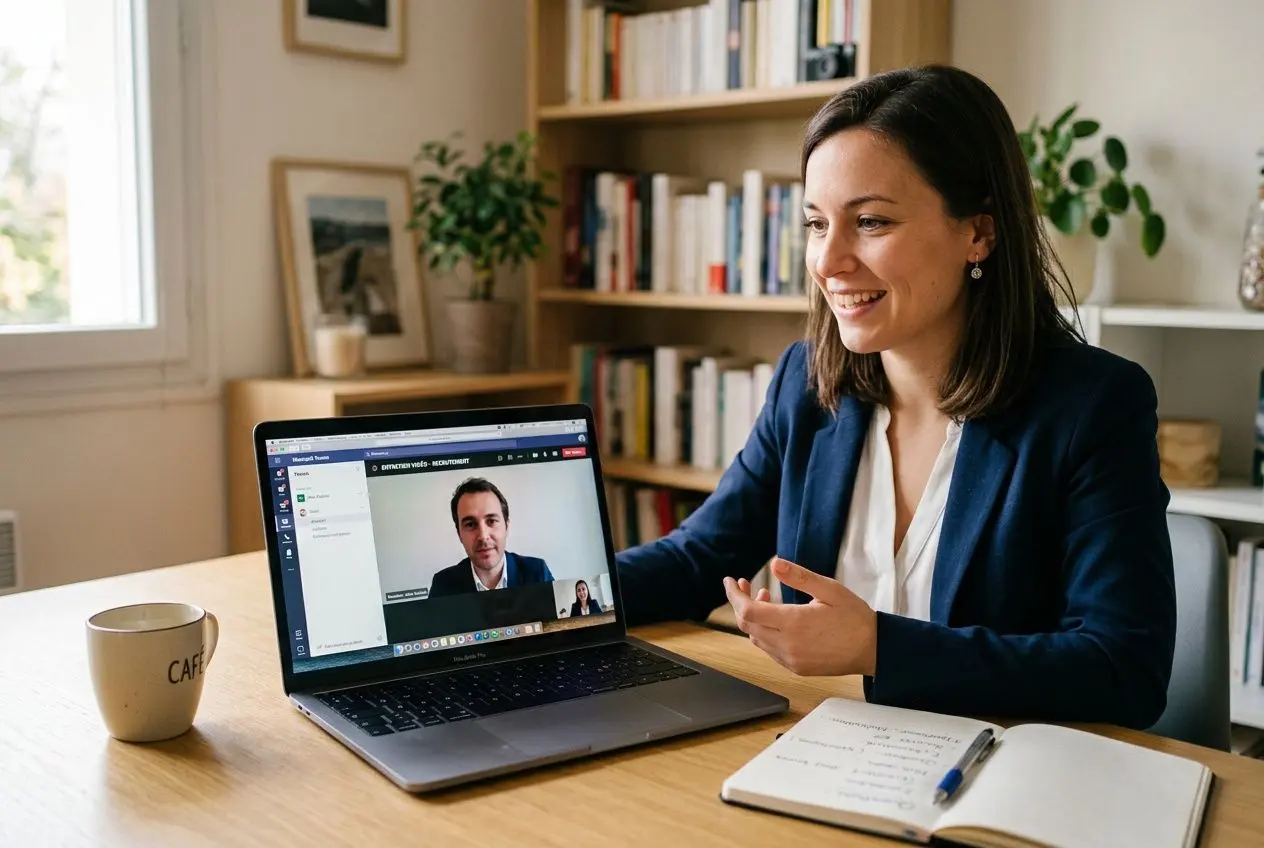 Une professionnelle en visioconférence sur un laptop, discutant avec un candidat virtuel, dans un bureau lumineux avec étagères et plantes. Mention du contexte : comment recruter rapidement.