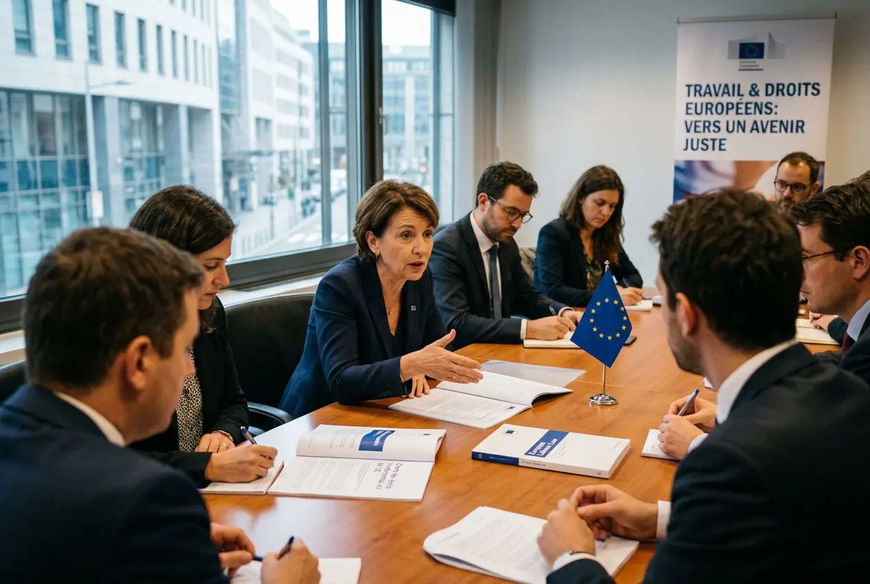 Réunion professionnelle sur le droit du travail européen, avec un drapeau européen sur la table et des documents officiels.
