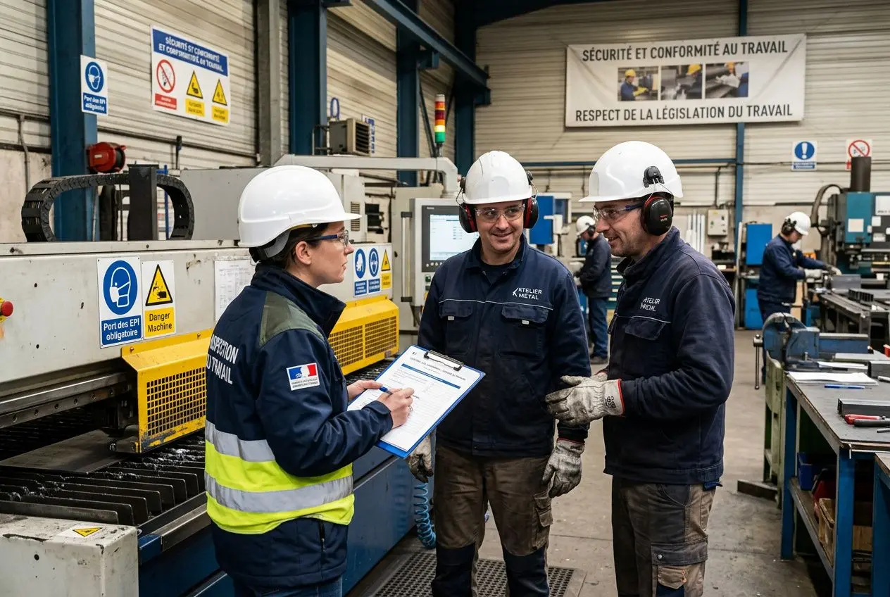 Trois travailleurs en casque et gants dans une usine, l’un prend des notes sur un clipboard, discutant avec deux autres autour d’une machine industrielle. Signes de sécurité et panneau "sécurité et conformité au travail" visibles en arrière-plan. Keyword intégré: travailleurs roumains conformité législation.