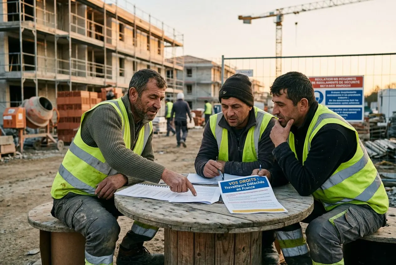 Trois travailleurs roumains en gilet réfléchis autour d’une table sur un chantier, consultation de documents sur la conformité législation et détachement.