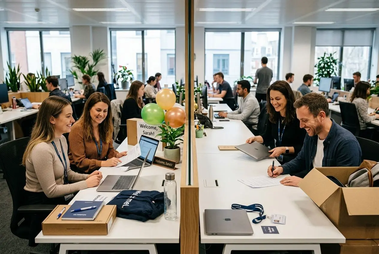 Accueil convivial lors d’un onboarding définition : des collaborateurs riant autour de postes, esprit d’intégration et échanges.