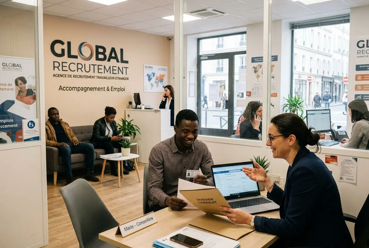 Consultation en agence de recrutement travailleur étranger: conseiller et candidat discutant documents devant ordinateur dans un espace d’accueil cosmopolite Global Recruitment.