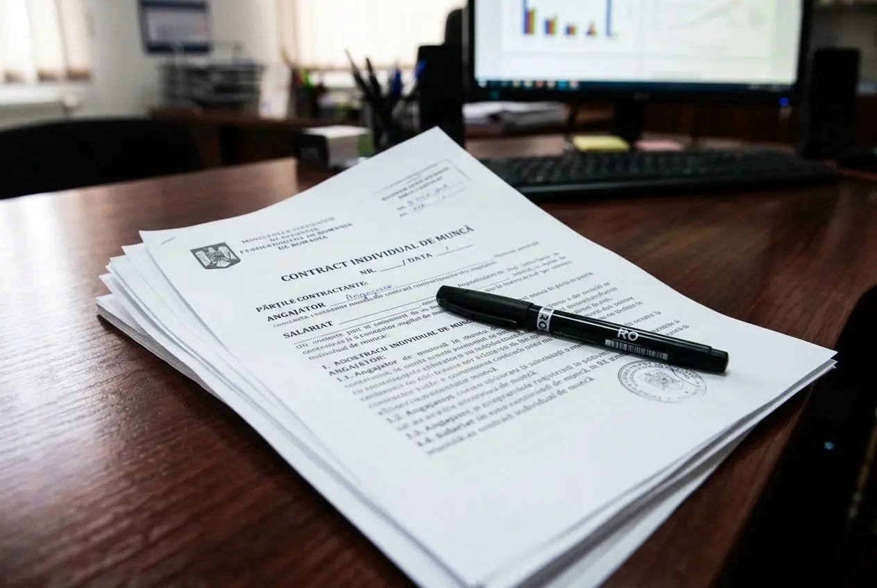 Contrat de travail en Roumanie: document imprimé sur un bureau avec stylo, prêt à être signé.