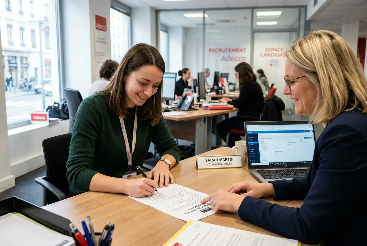 Deux femmes en entretien administratif de travail temporaire, l’une signe un formulaire pendant que l’autre consulte un ordinateur. (contrat de travail temporaire)