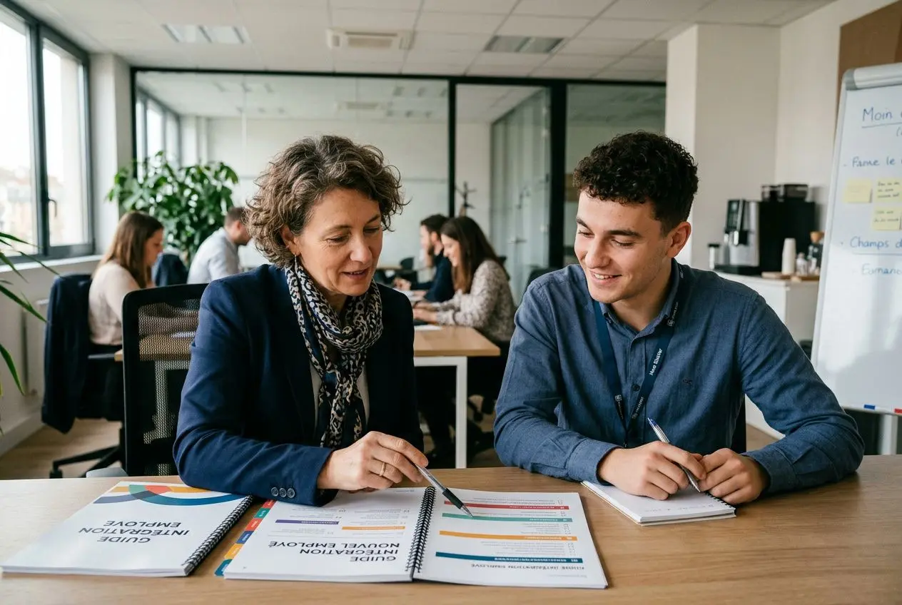 Deux interlocuteurs en atelier: une responsable et un jeune salarié consultent un guide d’intégration sur la table, échanges et prise de notes dans un espace de travail collaboratif.