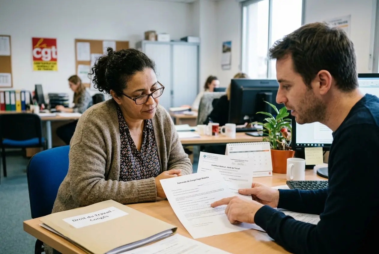 Deux personnes discutent autour d’un bureau, examinant des documents sur le congés payés droit européen et les droits du salarié, dans un espace de travail partagé.