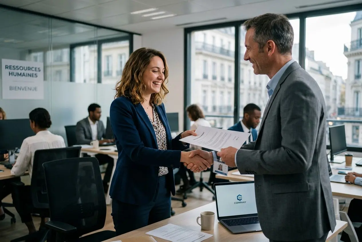 Deux professionnels se serrent la main dans un bureau moderne, échange de documents et sourire, ambiance professionnelle pour l’embauche. Focus sur le thème: comment embaucher un salarié européen.