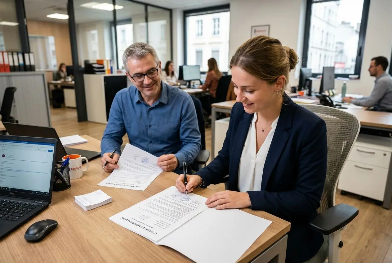 Deux professionnels signent des documents administratifs dans un bureau, avec un ordinateur portable ouvert à gauche. Incorpore le mot-clé: comment embaucher un salarié européen.