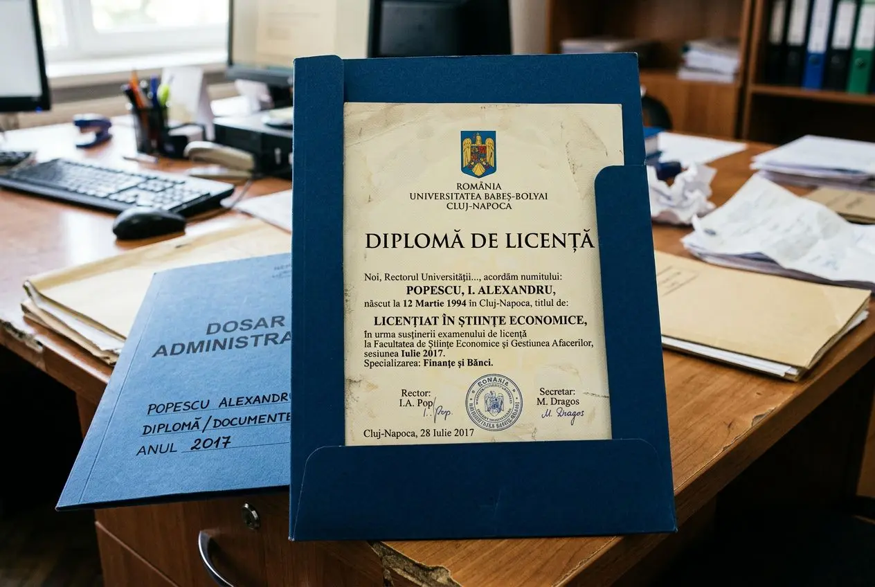 Dossier administratif et diplôme roumain sur un bureau, document de licence affiché au centre. reconnaissance diplôme roumain en france silhouette.