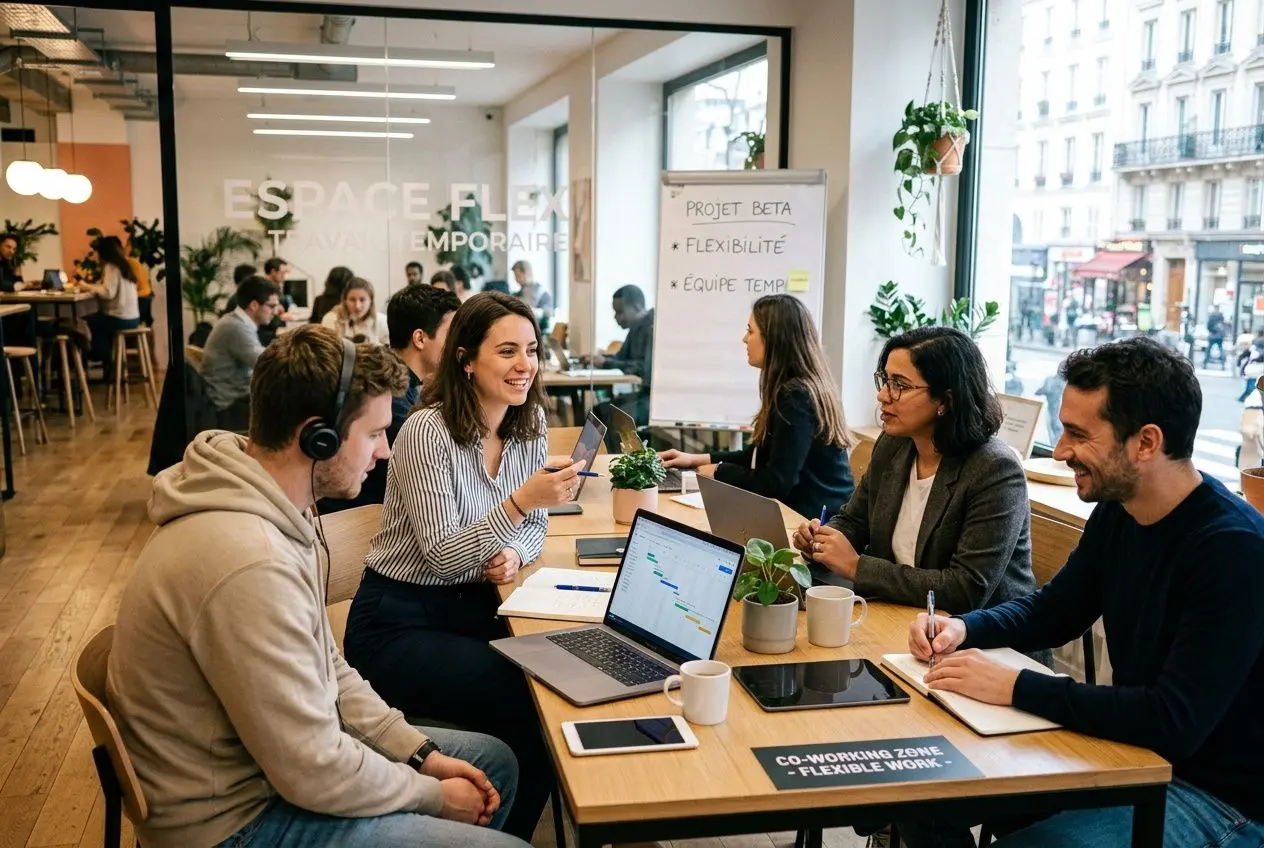 Groupe de collègues en coworking, discussion autour d’un ordinateur portable et d’un tablet, ambiance collaborative. Texte sur vitre: espace flexible et temporaire, projet beta, convivialité. Alt: contrat de travail temporaire avantages et inconvénients intégré? The keyword must be integrated naturally. Include it: "Réunion autour d’un contrat de travail temporaire avantages et inconvénients dans un espace de coworking." But must reflect image visible. Let's craft: "Réunion d’équipe dans un espace de coworking, échanges autour d’ordinateurs et notes; ambiance collaborative sur le thème contrat de travail temporaire avantages et inconvénients." Ensure length 125 chars. Count: "Réunion d’équipe dans un espace de coworking, échanges autour d’ordinateurs et notes; ambiance collaborative sur le thème contrat de travail temporaire avantages et inconvénients." That's long. Let's shorten: "Réunion d’équipe dans un espace de coworking, échanges autour d’ordinateurs; ambiance collaborative sur le contrat de travail temporaire avantages et inconvénients." Check length approx ~170. Need within 125. Let's craft concise: "Réunion d’équipe dans un espace de coworking, échanges autour d’ordinateurs; discussion sur le contrat de travail temporaire avantages et inconvénients." That is ~120. Good. Réunion d’équipe dans un espace de coworking, échanges autour d’ordinateurs; discussion sur le contrat de travail temporaire avantages et inconvénients.