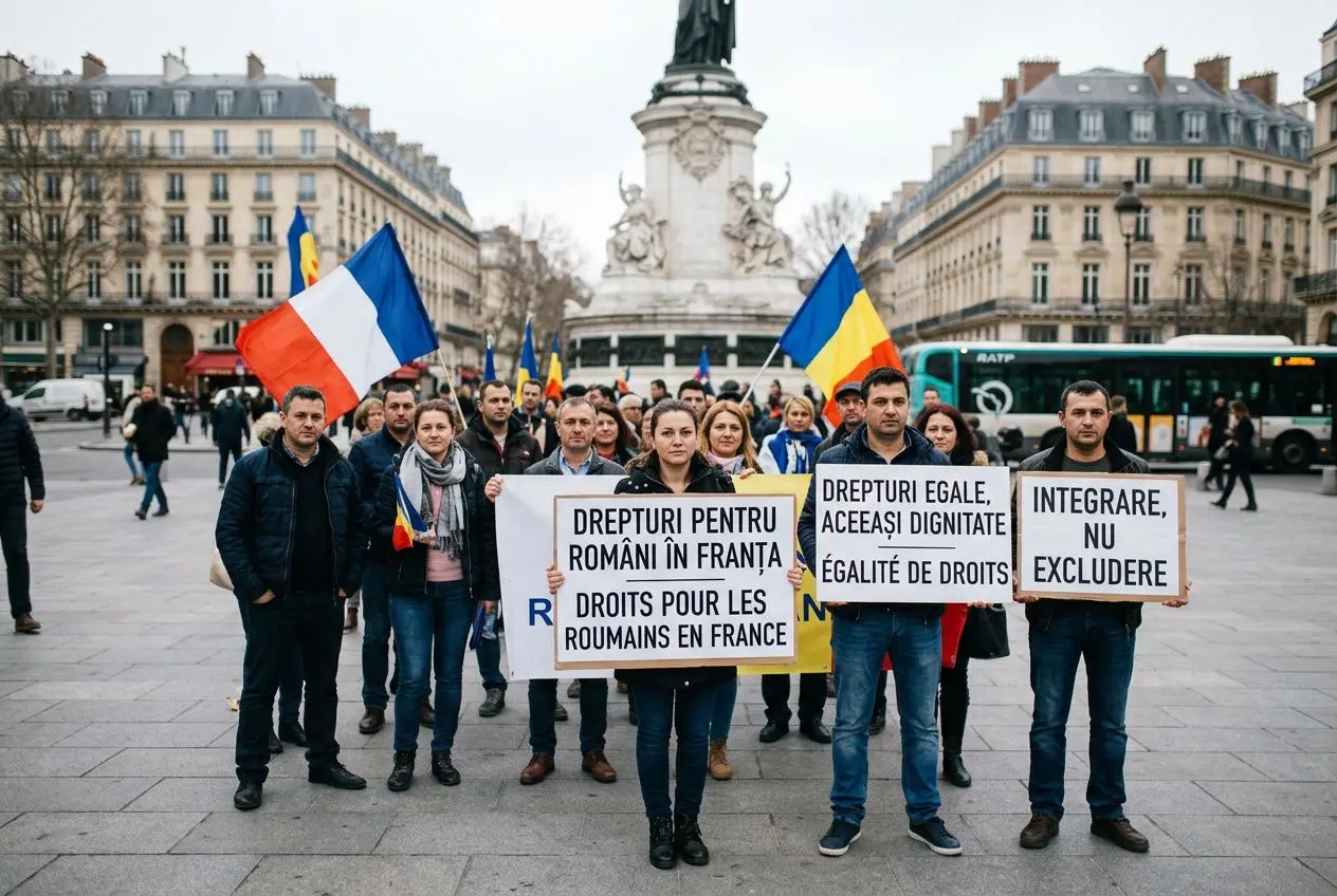 Groupe de manifestants dans une place urbaine, tenant des pancartes en roumain et en français sur les droits des Roumains en France, drapeaux français et roumains visibles.