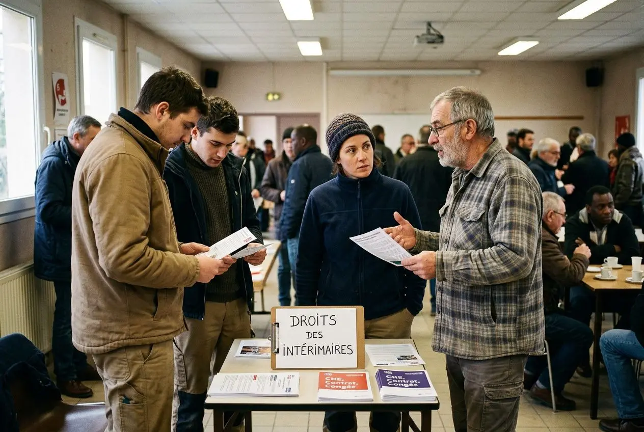 Groupe de personnes discutant autour d’un stand “Droits des intérimaires” lors d’un salon, documents et brochures à disposition.