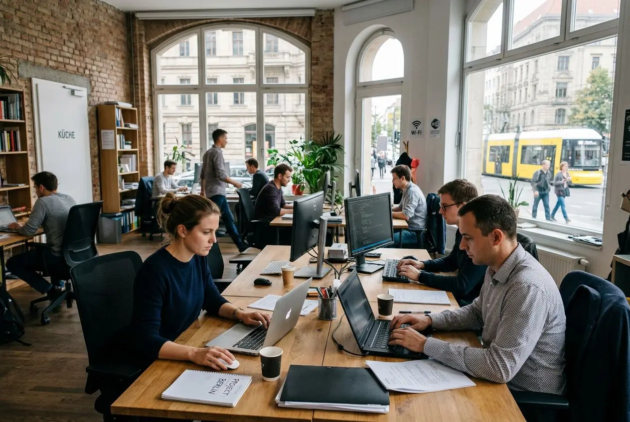 Groupe de professionnels travaillant sur ordinateurs portables dans un espace coworking lumineux, avec vue sur la rue. travailler dans un autre pays européen est évoqué par l’environnement international.