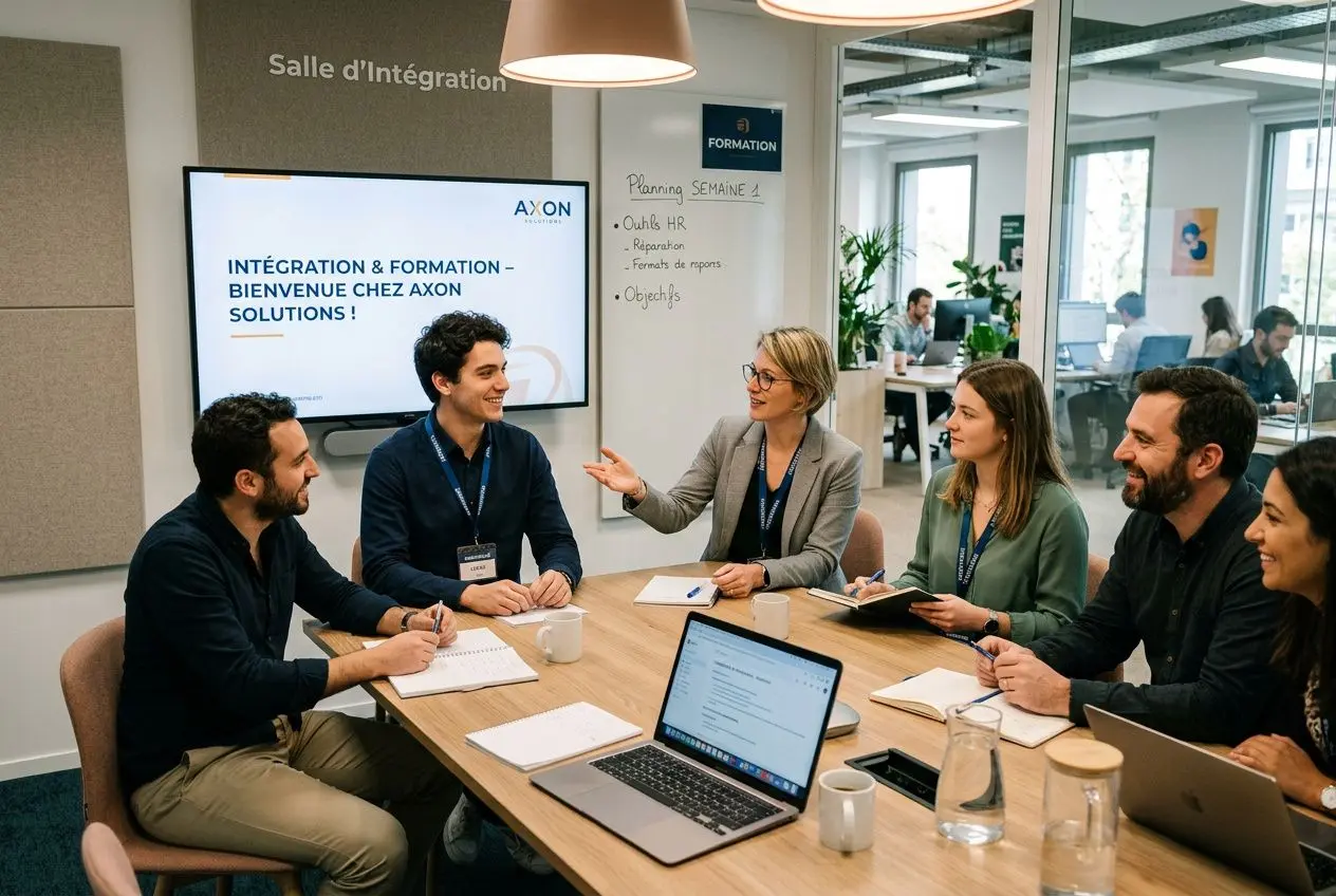 Groupe de six personnes en réunion autour d’une table, échanges professionnels, porte-fenêtre et écran affichant “INTÉGRATION & FORMATION”dans un espace de travail. Intègre le concept de guide d'intégration nouvel employé.