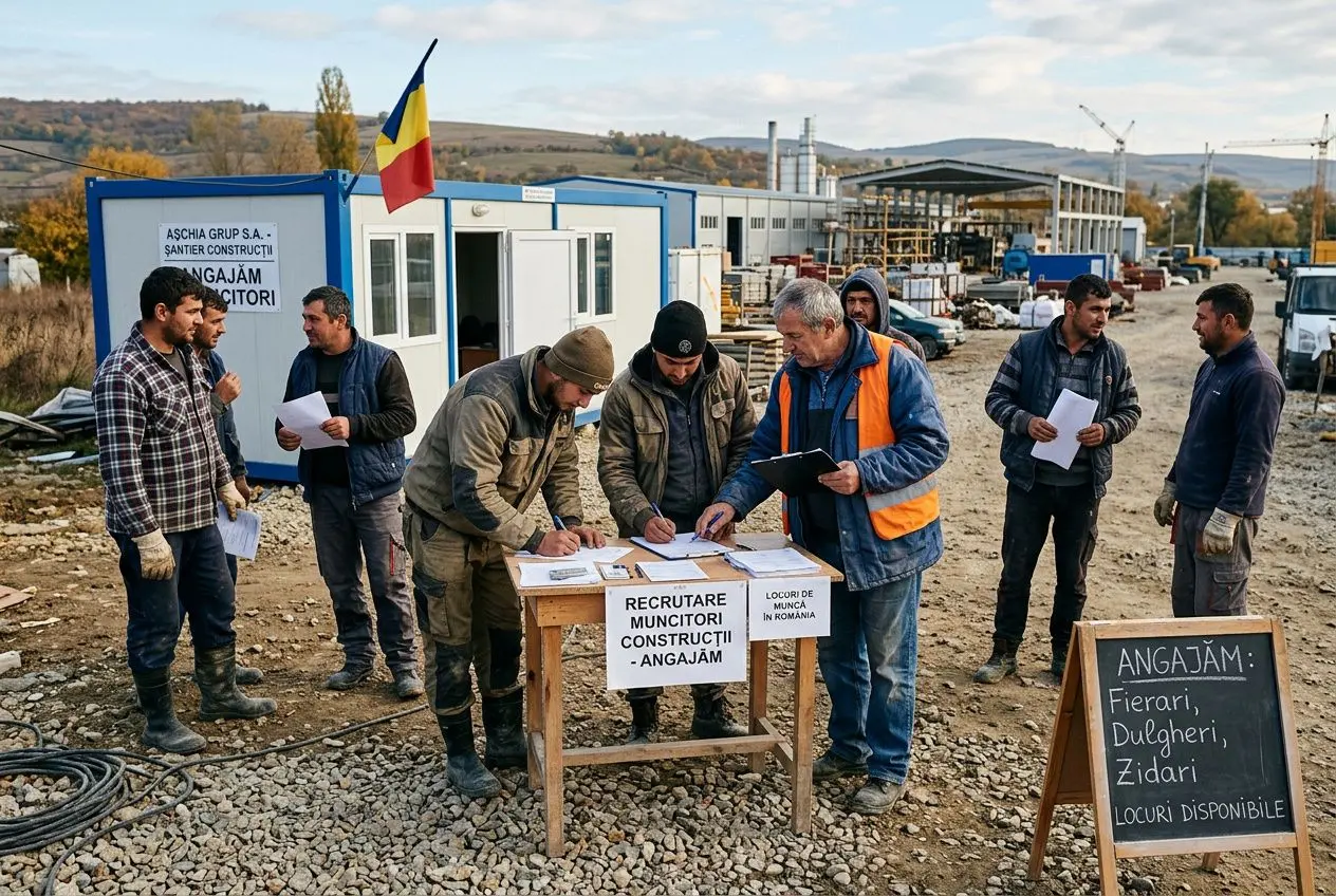 Groupe de travailleurs sur un chantier, affiches et inscription “RECRUTARE MUNCITORI” pour embauche, près d’un drapeau roumain. Contrat de travail en Roumanie.
