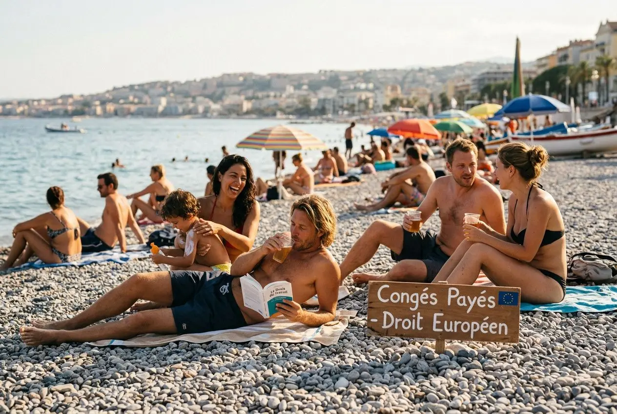 Groupes de vacanciers sur une plage de galets, some lisant, d'autres buvant, avec un panneau “Congés Payés : Droit Européen” en premier plan.