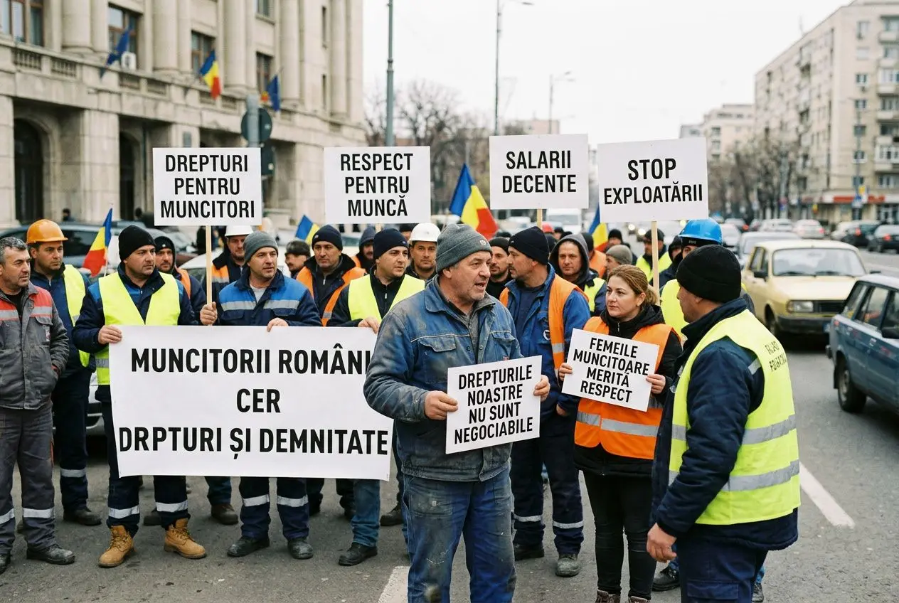 Manifestation de travailleurs avec pancartes en roumain et français, portant des slogans sur les droits et le respect, dans une rue urbaine. droits des roumains en france
